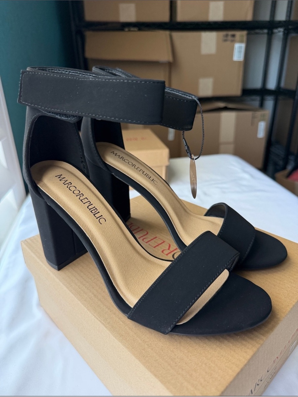 NEW Marco Women’s Black Ankle Strap Block Heel Open Toe Wide Fit Size 8W